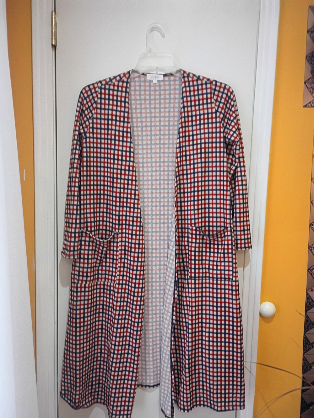 LuLaRoe Plaid Open Cardigan in Rust, Navy & Cream